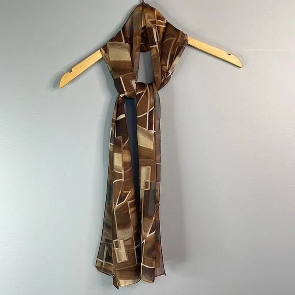 DANIER Silky Semi Sheer Geometric Print Rectangular Scarf Earth Tones Hair Neck - Picture 7 of 9